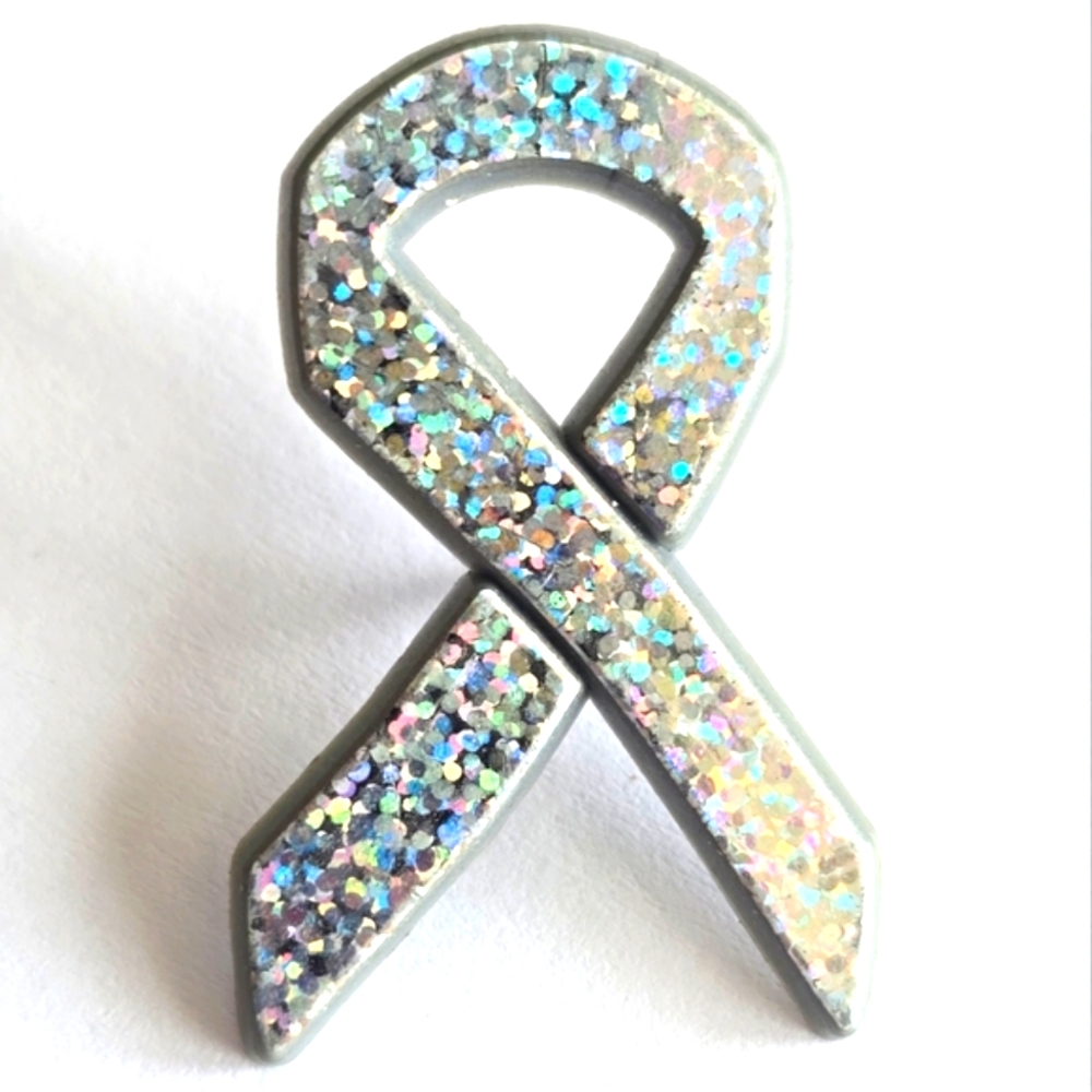 Vintage awareness ribbon pin silver Holographic holo glitter brooch